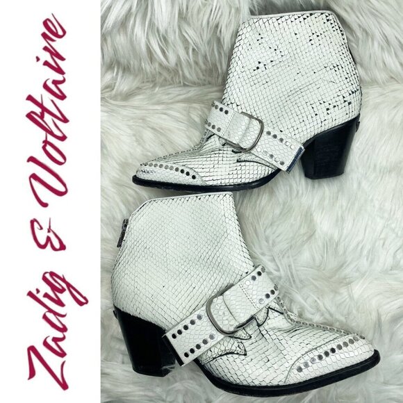 ZADIG & VOLTAIRE White Leather Snakeskin Urban Cowboy Studded Ankle Bootie, 37 - Picture 11 of 12